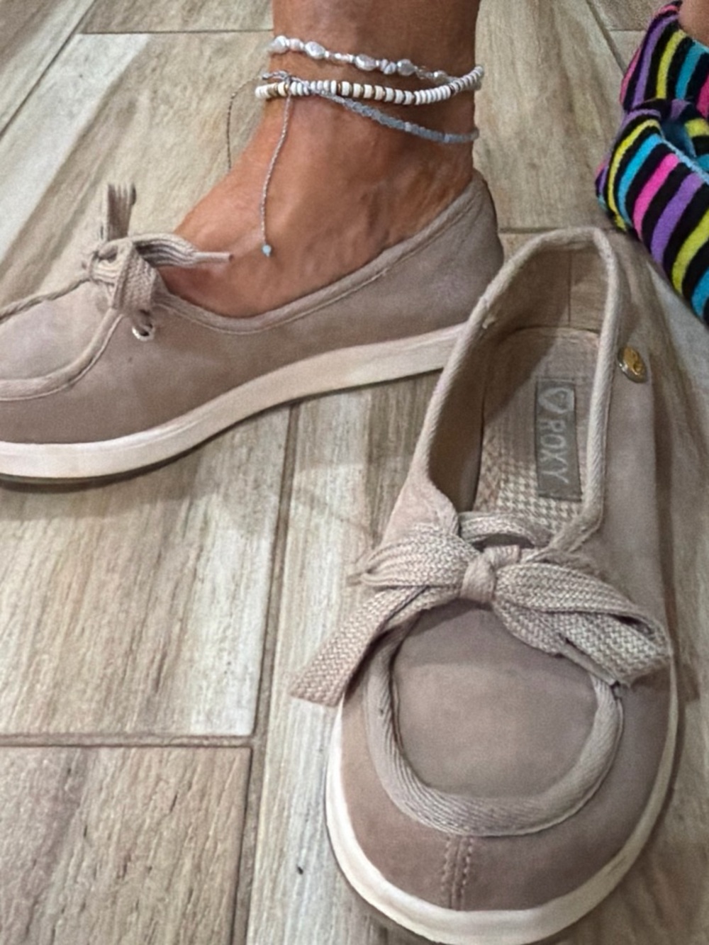 Roxy Women's Taupe Slip-On Suede Loafers with Bow Accent